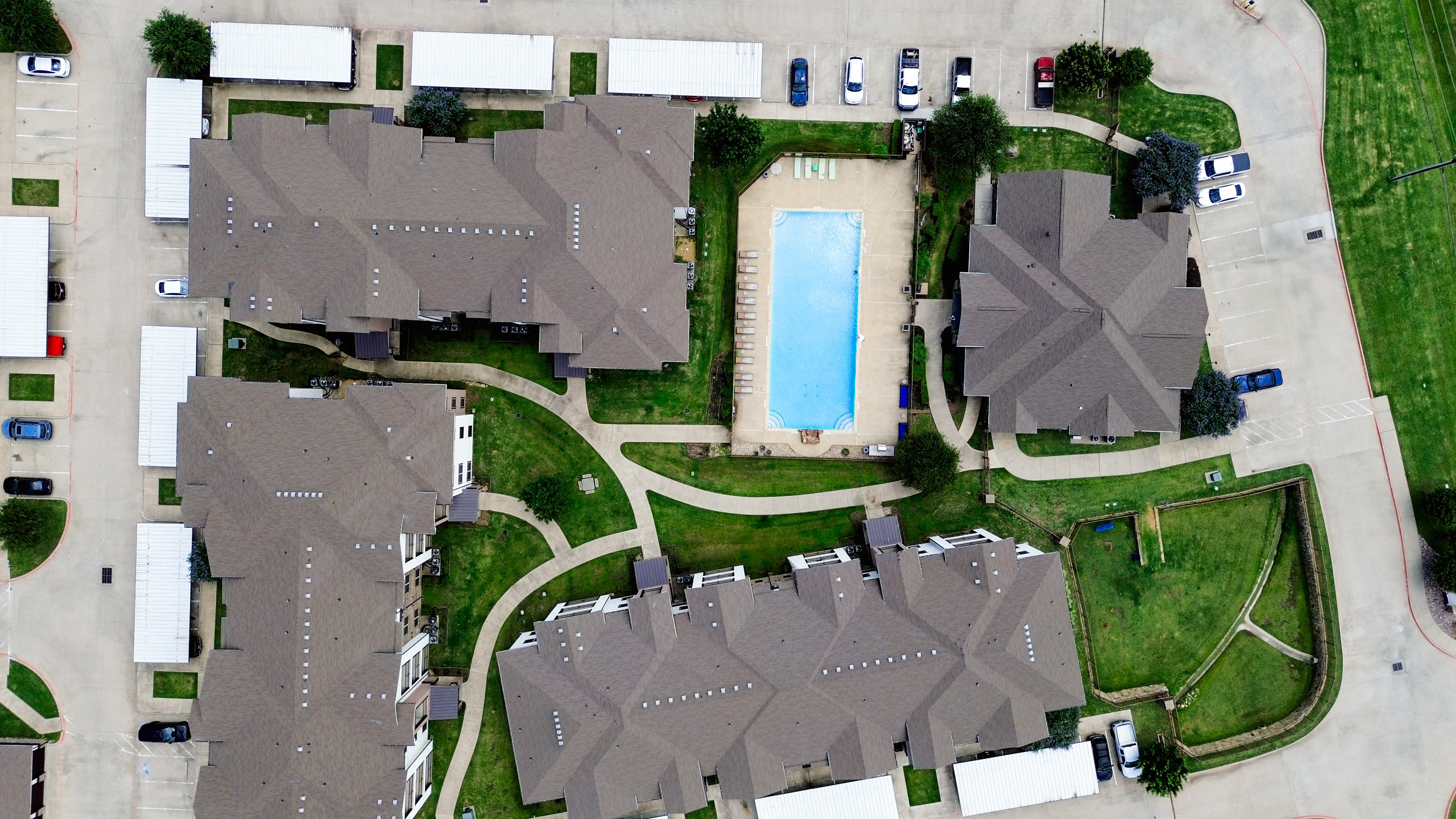 Drone shot of Creed Canyon's on-site dog park in Sherman TX