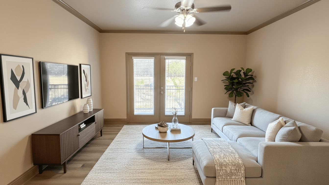 A living room with a sofa, a coffee table, and a ceiling fan.