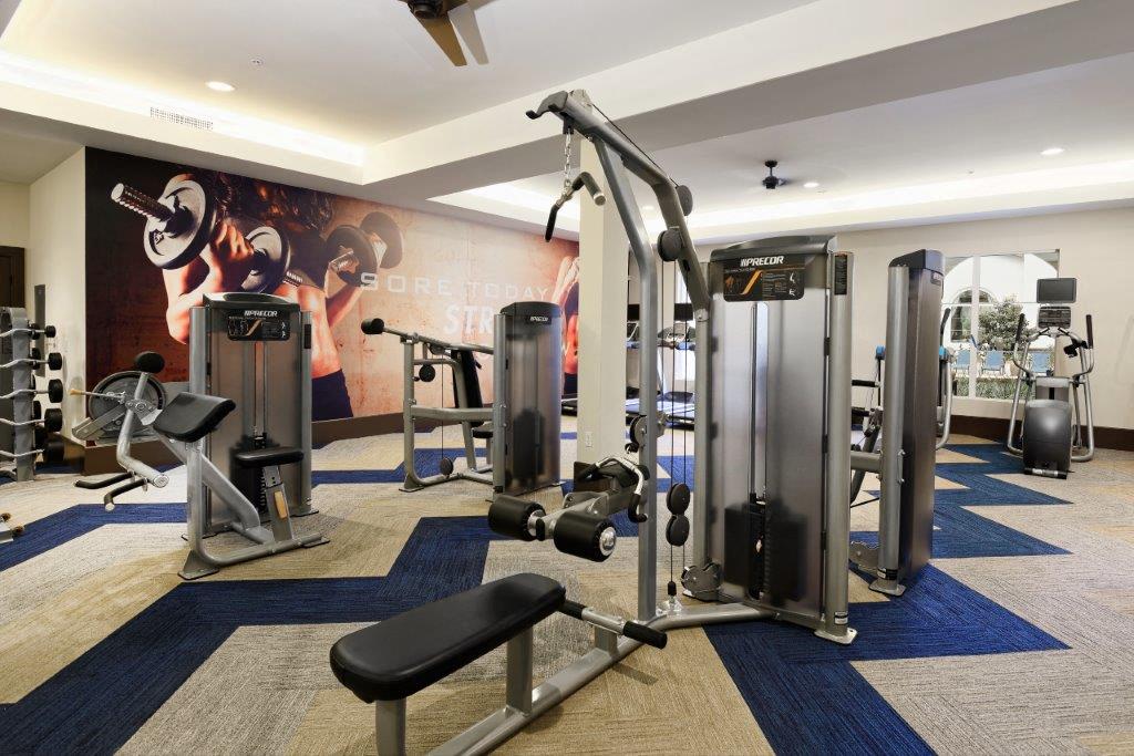 a gym with weights and cardio equipment in a hotel room