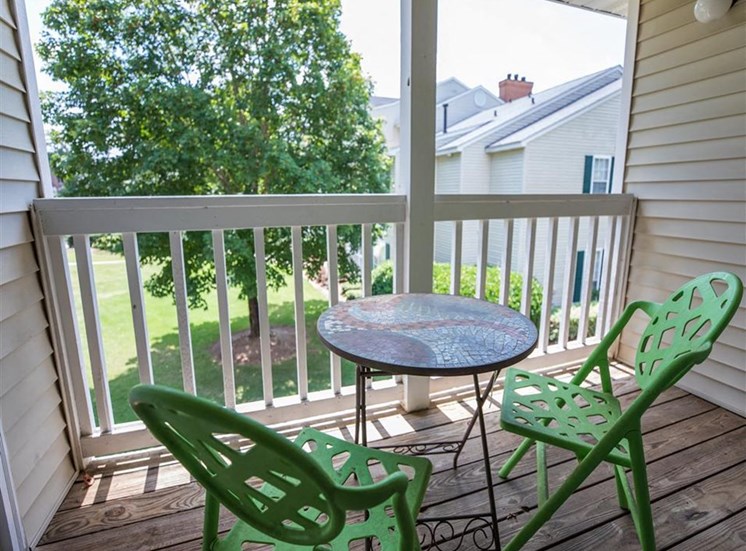 Private balcony with model table and chairs at Stillwater at Grandview Cove, South Carolina, 29680