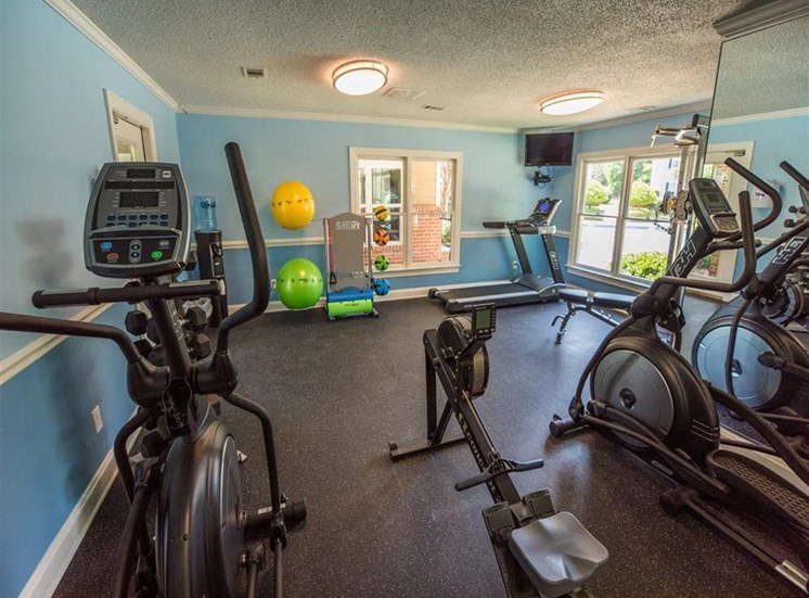cardio equipment and yoga/stretching balls and mats in fitness center at Stillwater at Grandview Cove, Simpsonville