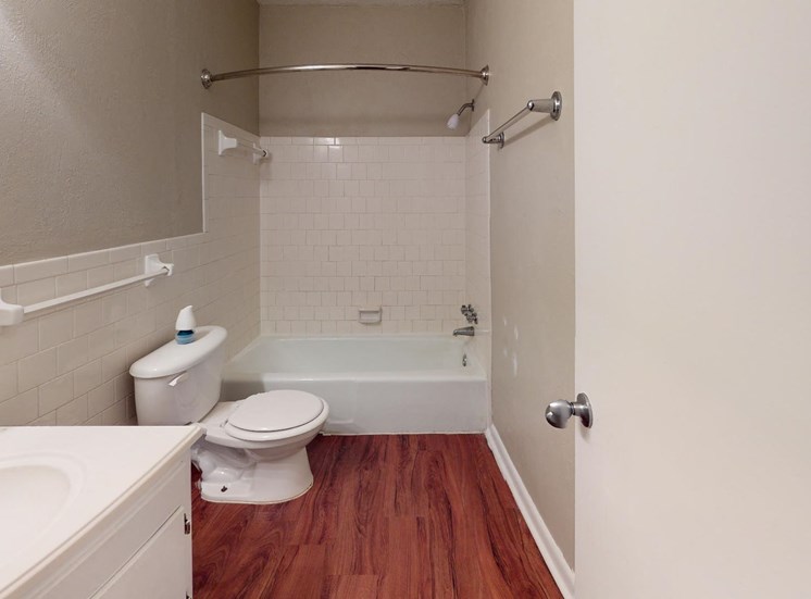 bathroom with tub/shower, toilet, sink vanity, mirror, and wood-style flooring