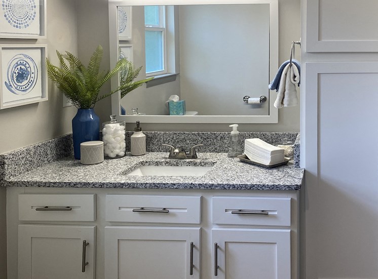 bathroom with granite countertops, new cabinets, and updated fixtures