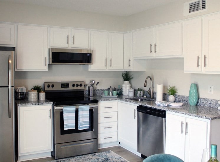 kitchen with white cabinets, granite countertops, and stainless steel appliances and built-in microwave