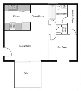 Southwood Gardens 1 bedroom 1 bath floor plan with kitchen, dining room, deck, and living room