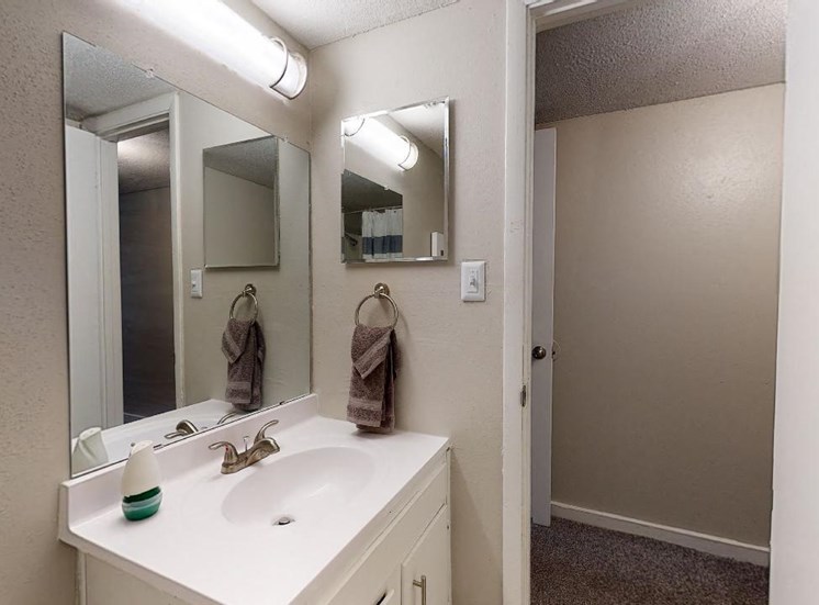 Sink vanity with overhead lighting and large mirror at Reserve at Midtown Apartments in Tallahassee, Florida 32303