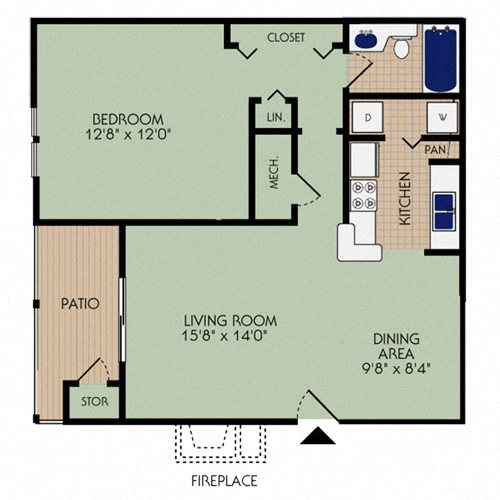 One bedroom 780 square foot apartment floor plan One bedroom 780 square foot apartment floor plan at Stillwater at Grandview Cove, South Carolina, 29680