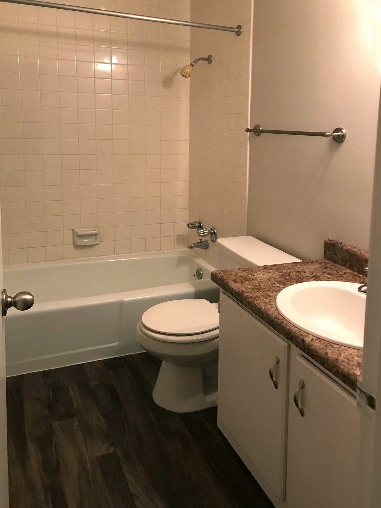bathroom with tub and shower, toilet, and vanity sink
