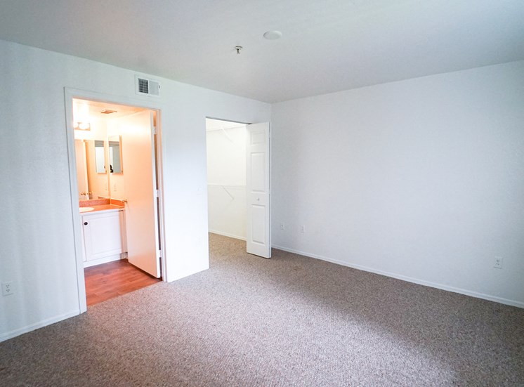Spacious bedroom with carpet flooring, walk-in closet, and in-suite bathroom