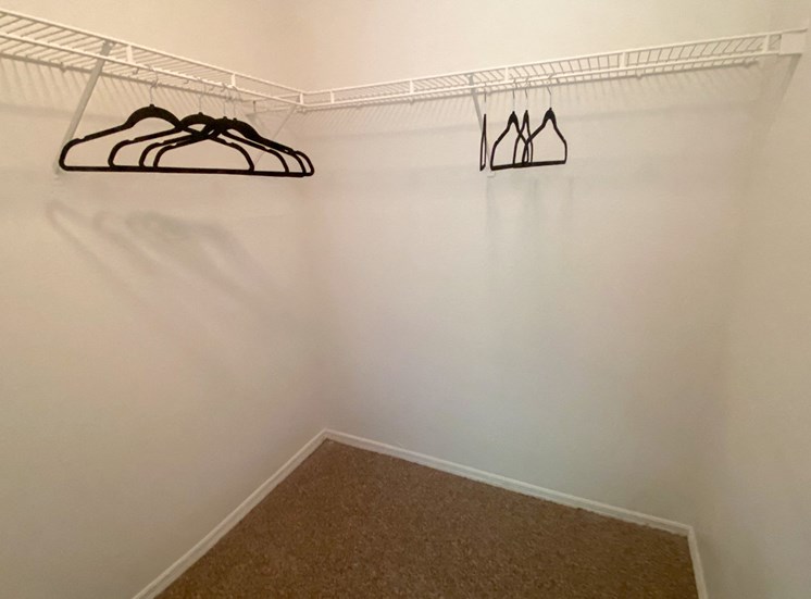 Spacious closet with mounted metal shelves