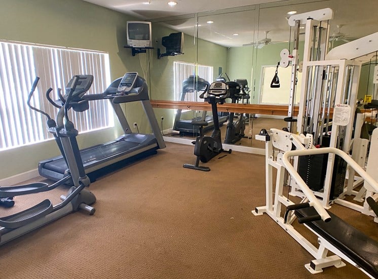 Fitness Center with Exercise Equipment  and Mirror Accent Wall