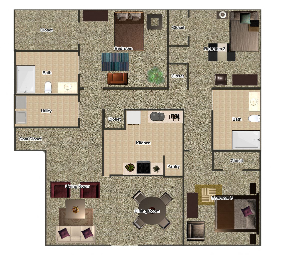 Three Bedroom Two Bathroom floor plan