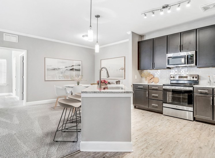 Kitchen with stainless steel appliances and espresso brown cabinets. Décor on the granite countertop with view of dinning room in the background and art on the walls.