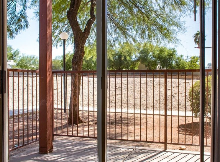 Private Patio with Sliding Glass Doors and Metal Railing Next to Tree