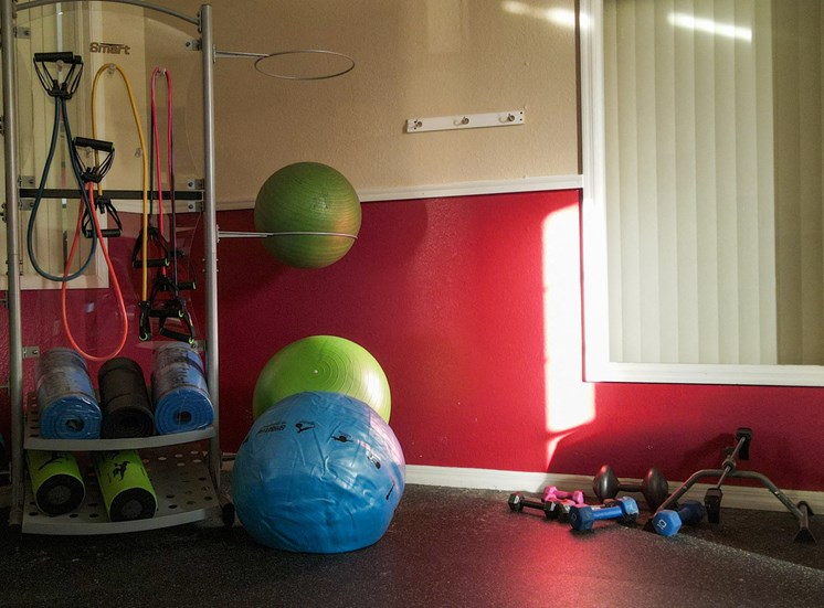 Fitness center with yoga balls, medicine balls, yoga mats, small free weights, and resistance bands