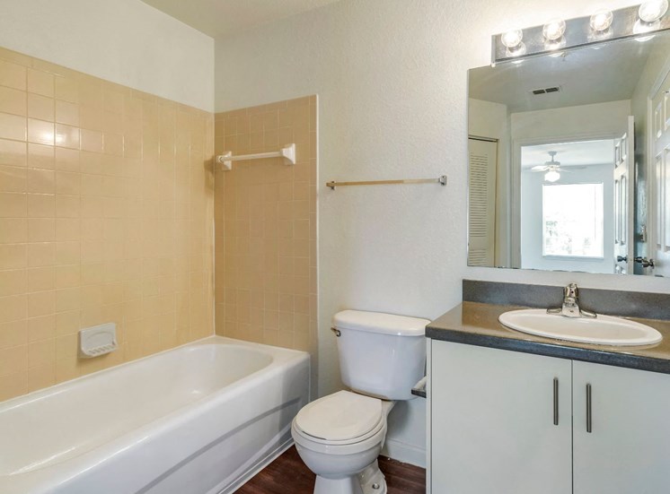Bathroom with hardwood style flooring, large mirror, and vanity lighting