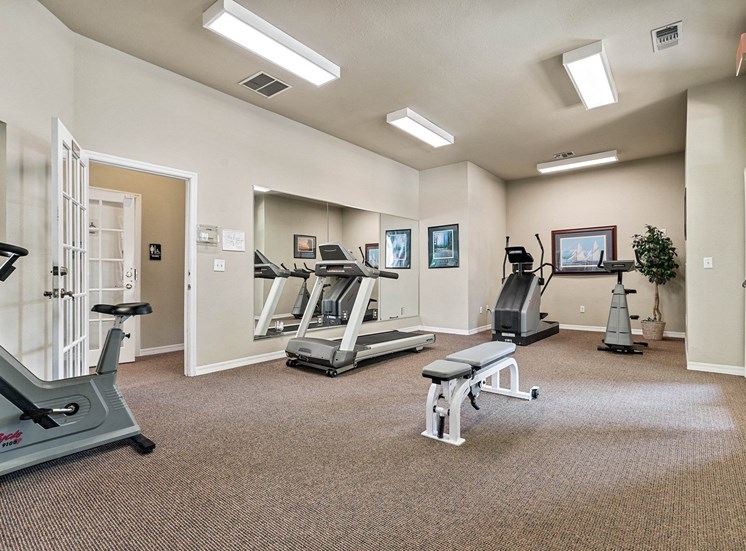 The community fitness center features beige wall and brown carpet. There is an interior door leading to the hallway with restrooms to the left and an exterior entrance to the right. There is one elliptical machine, two bike machines, a treadmill, and a weight bench. The far left wall has a large frameless mirror. On the back wall of the fitness center are two framed picture and a tall floor plant.