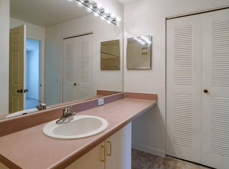 Bathroom with large mirror, vanity lighting, and large closet