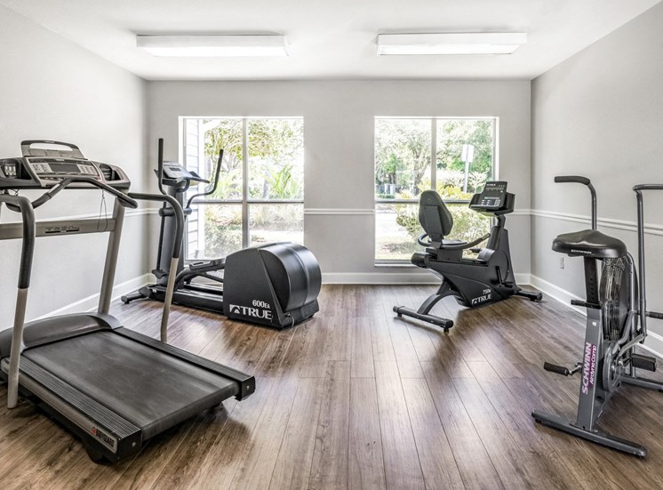 Fitness center with four exercise machines, two windows, and hardwood-style flooring.