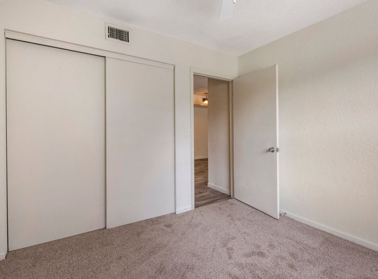 Spacious bedroom with carpet flooring and large reach-in closet