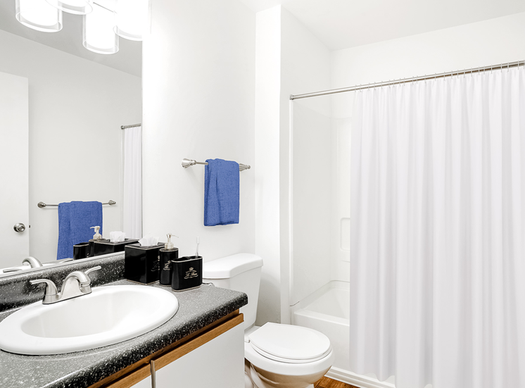 The bathroom also features a white shower/tub combo along with a black granite style bathroom vanity, white sink, and wood-colored trim surrounding the white cabinets