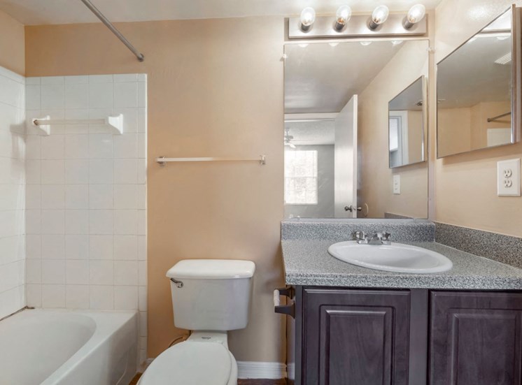 Bathroom with large mirror and vanity lighting