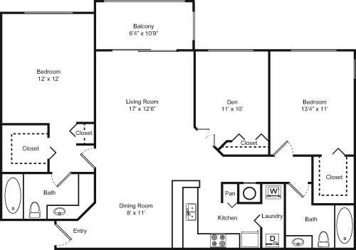 2 Bedroom 2 Bathroom + Den floor plan
