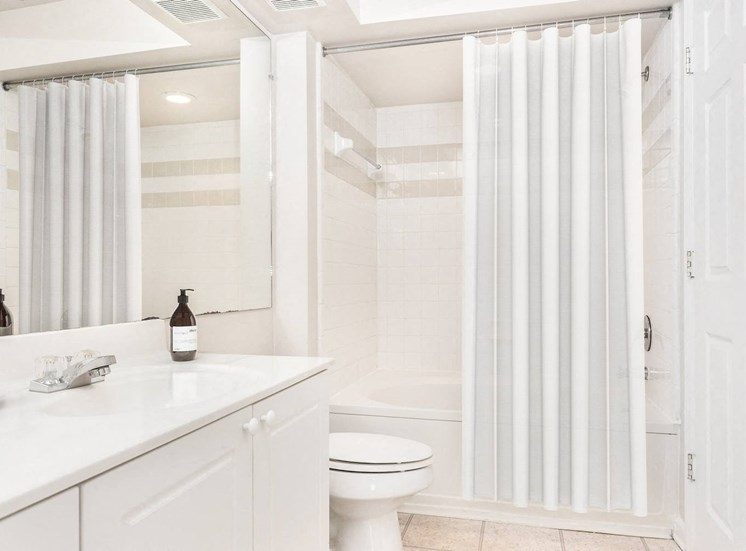 Apartment bathroom mirror, toilet, and a tub /shower combo. Staged with shower curtain, hand soap and oil reed diffuser.