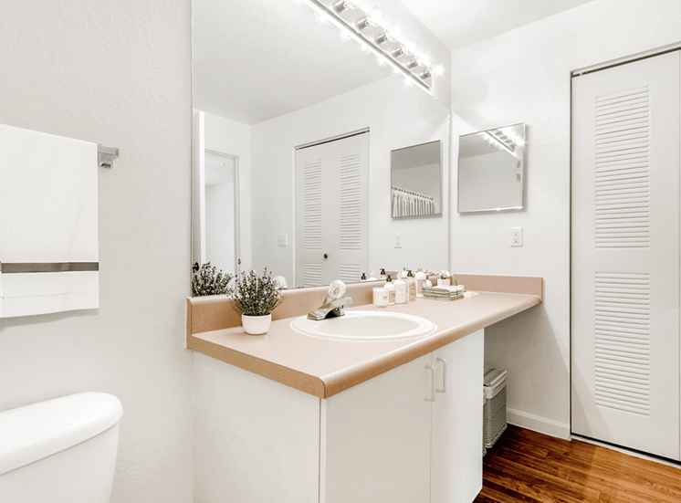Virtually staged bathroom with large mirror, toilet, medicine cabinet, wood style flooring
