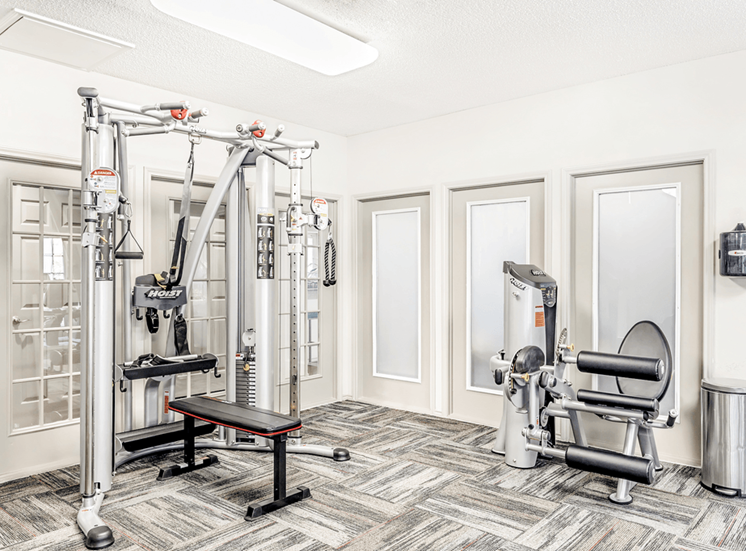 Fitness center with strength machines and frosted glass windows