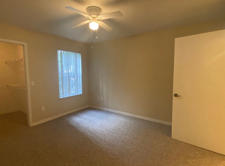 Carpeted Bedroom with ceiling fan and large closet, dual tone paint