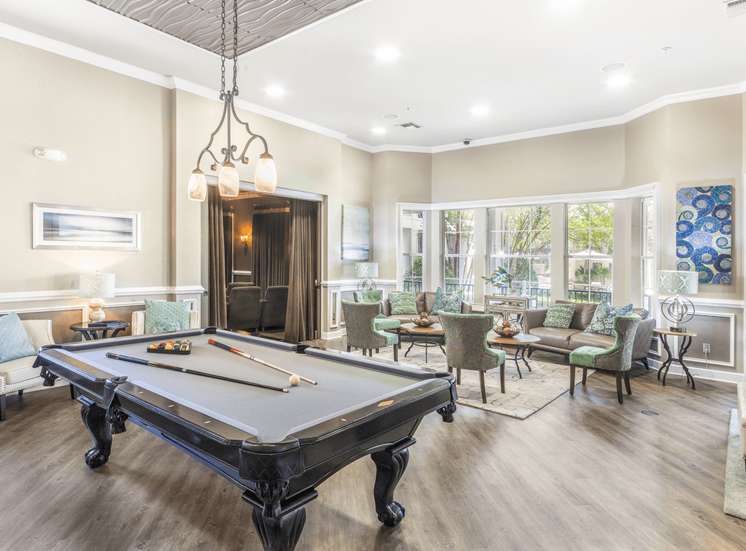 Clubhouse game room and lounge area equipped billiard table