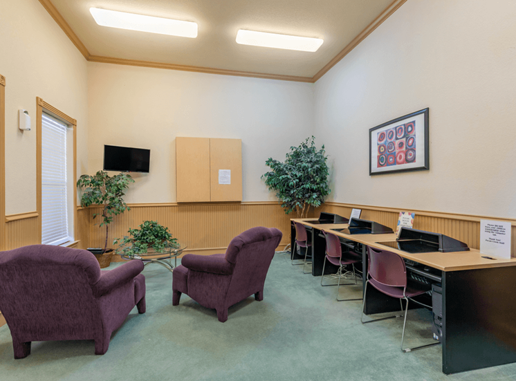 Computer lab with wall mounted television, fabric chairs and indoor plants