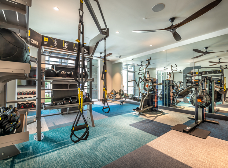 Fitness center with cardio and strength machines with TRX system.