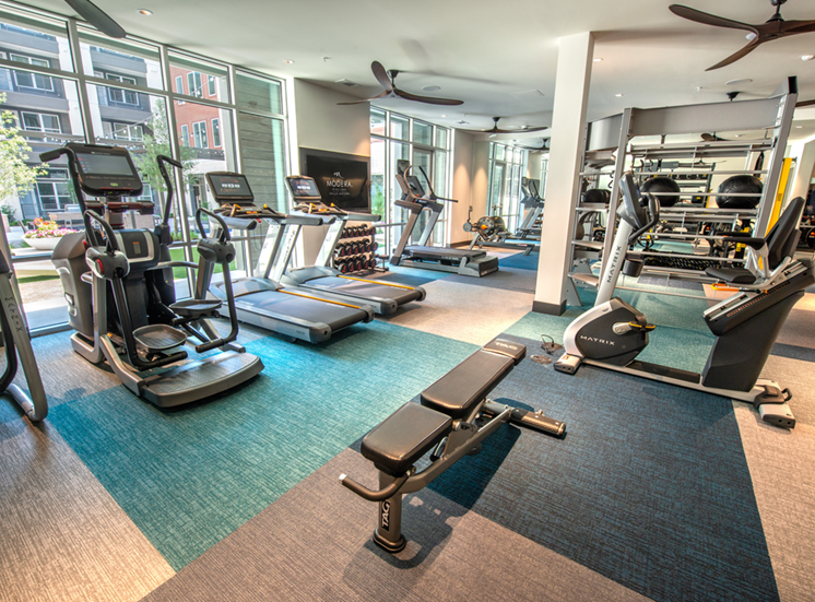 Fitness center with cardio and strength machines and wall mounted television