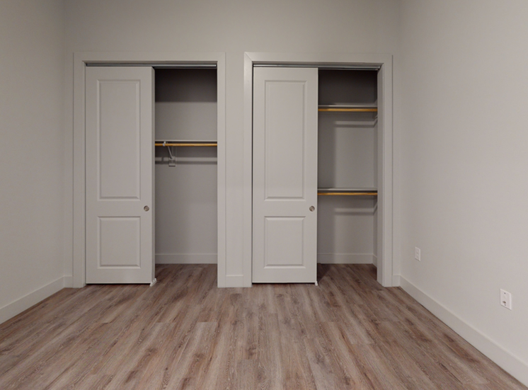 Bedroom with wood style flooring and two closets with shelves and rack