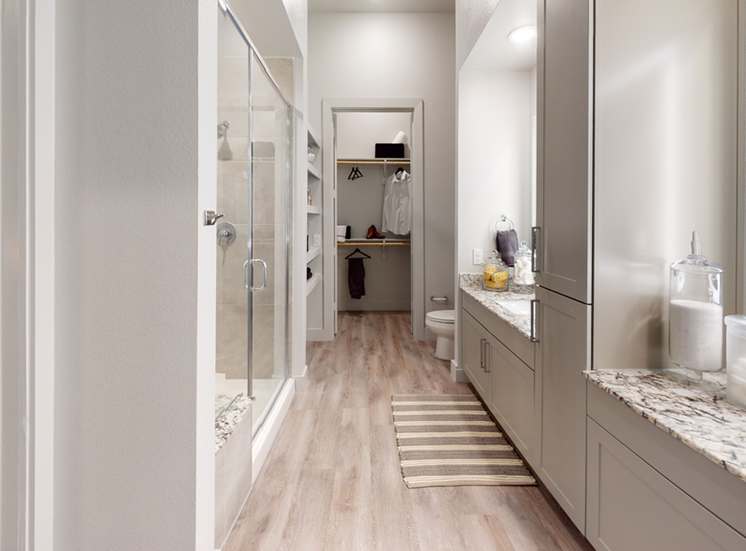 Staged bathroom with wood style flooring, dual vanities, taupe cabinetry, granite countertops, walk in shower built in shelves, direct entry to walk in closet and custom lighted vanity mirrors