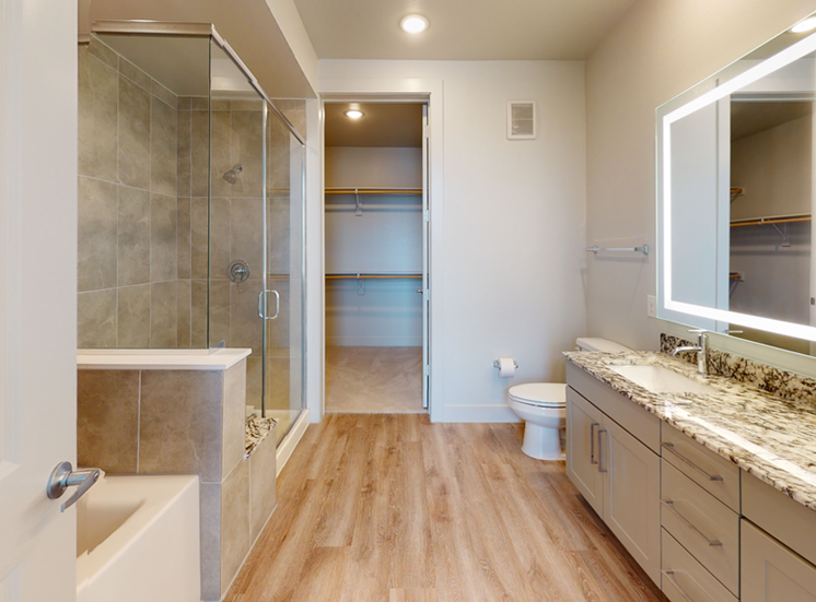 Bathroom with wood style flooring, granite countertops, taupe cabinetry, custom light vanity mirrors, dual vanities, garden tub and walk in shower with direct access to walk in closet