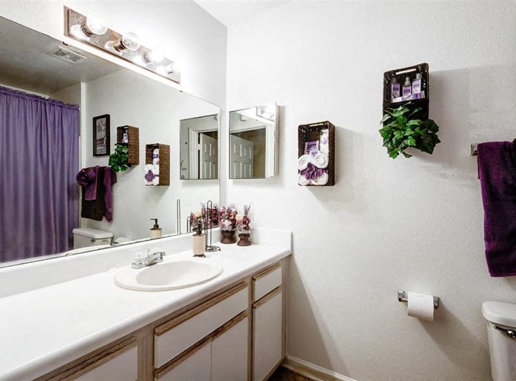 Decorated Bathroom with Vanity White Counters and White Cabinets with Wood Accents  Purple Shower Curtain in Mirror Reflection