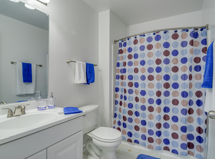 The bathroom has linoleum flooring and is equipped with a mounted mirror, single sink with storage underneath, one toilet and a shower/tub combo. This furnished bathroom has a blue bathmat, blue and white accent towels, and a blue, white, pink and red shower curtain.