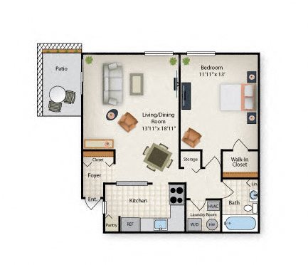 One Bedroom One Bathroom floor plan