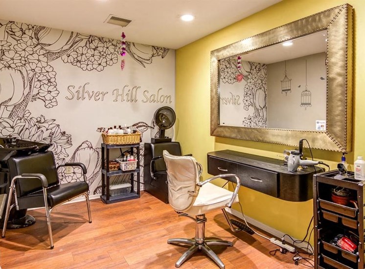Silver Hill Community Beauty Salon with Mural on Wall Behind Salon Equipment Next to YEllow Wall with Mirror on itArboretum Apartments | Community Beauty Salon