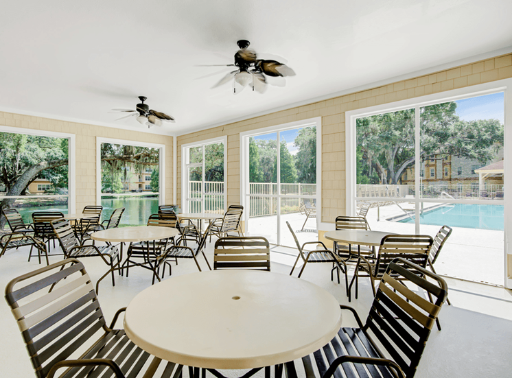 Covered lanai featuring outdoor tables and chairs, ceiling fans with lights and overlooking the pool deck