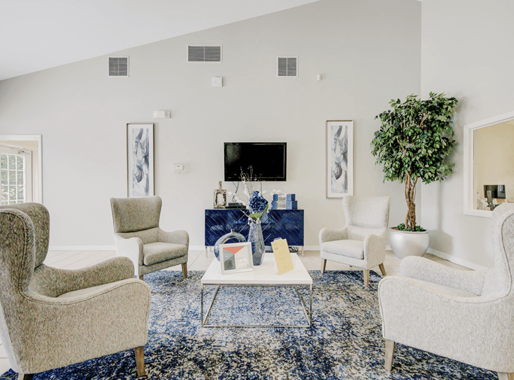 Clubhouse interior with gray fabric chairs, blue accent rug, coffee table and wall mounted television and decor