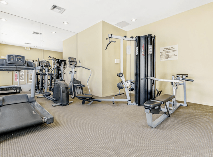 Fitness center with cardio and strength machines and large mirror wall