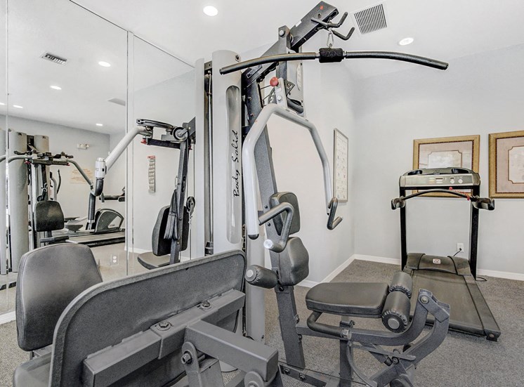 Fitness center with strength and cardio equipment and mirrors.