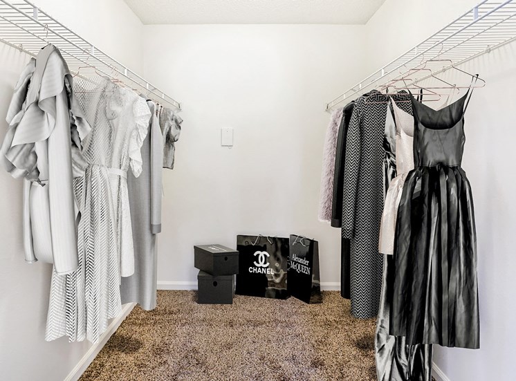 Spacious closet staged with black and grey clothes