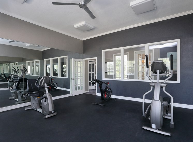 The Cardio Fitness Studio is a large room painted in dark colors with a full mirrored wall. Two silver cardio equipment pieces are placed around the room with large windows facing the hallway.