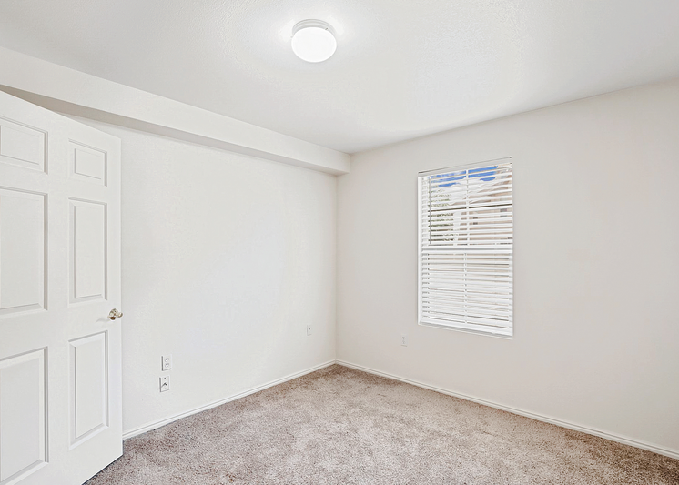 Carpeted bedroom with window and overhead light