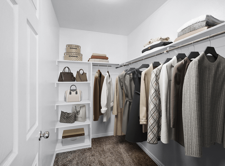 Virtually staged walk-in closet with hung clothing, long metal poles and shelves